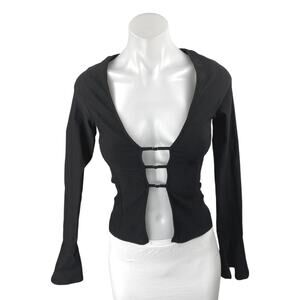 NEW Stella Dallas Black Long Bell Sleeve Open Cutout Slim Crop Blouse Top Size M